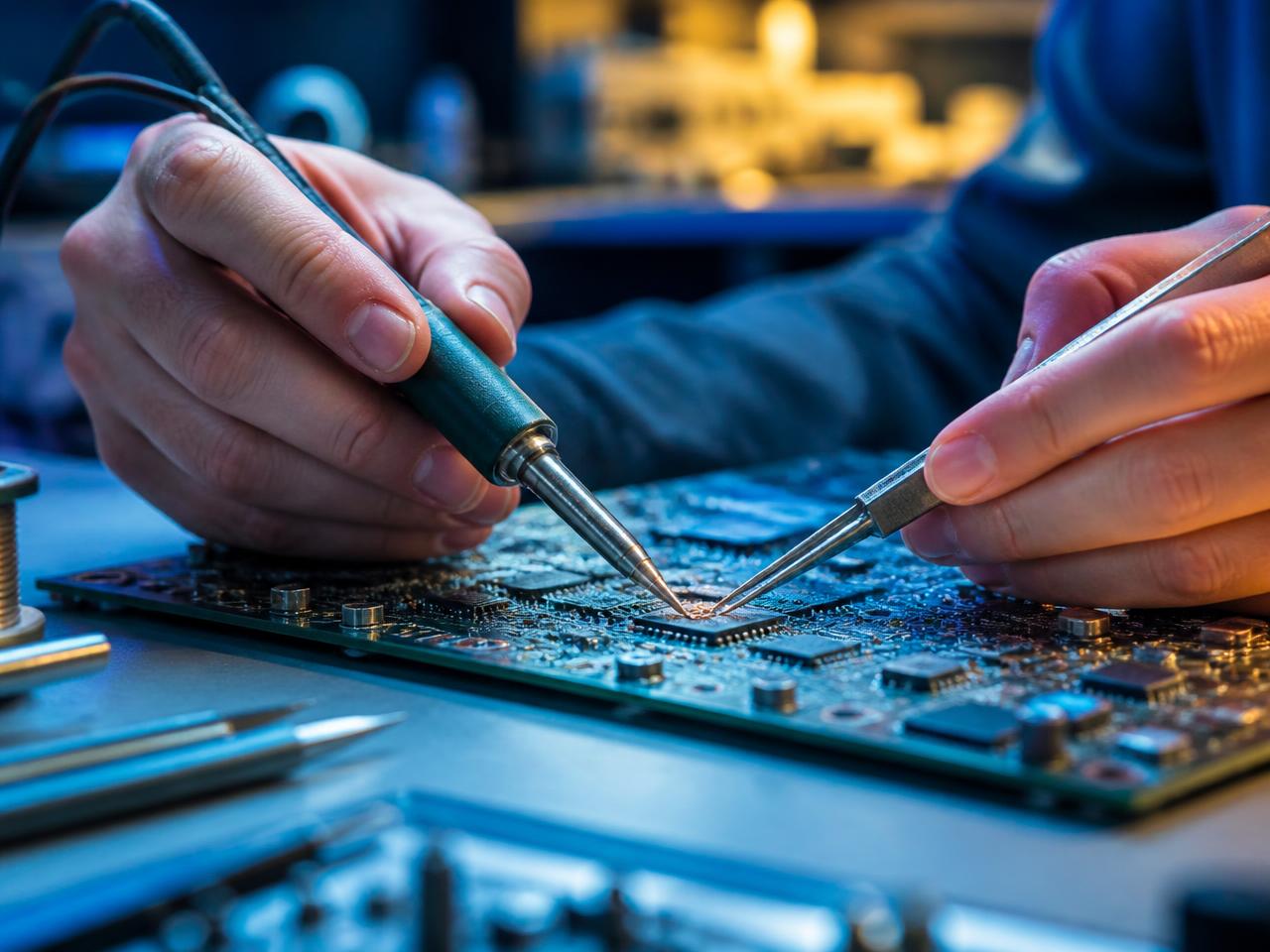 Técnico reparando placa eletrônica em bancada